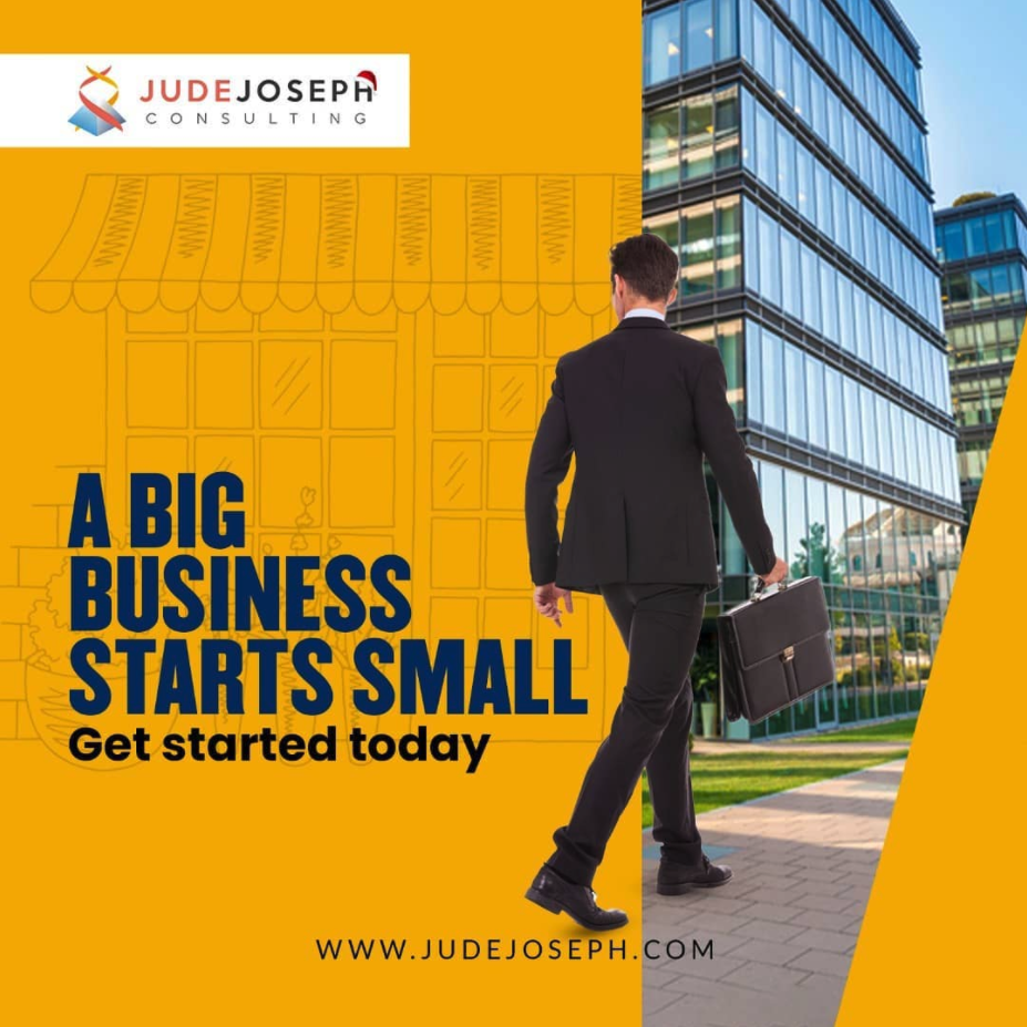 Image of a man walking towards a building in a suit holding a briefcase. The words on the oage read A big business starts small get started today.Joseph website address at the bottom of the page.
