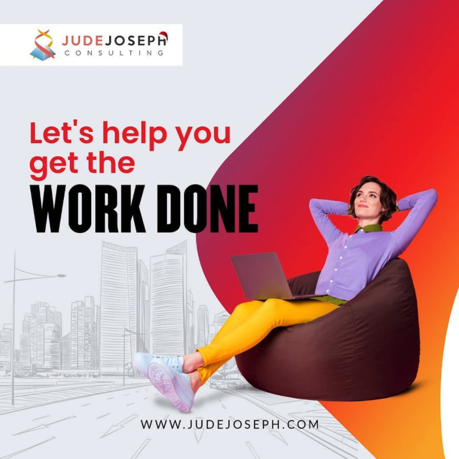 The image shows a woman sitting on a bean bag with a laptop on her lap laying back with head in her hands. world on the image reads lets help you get the work done.Joseph website address at the bottom of the page.