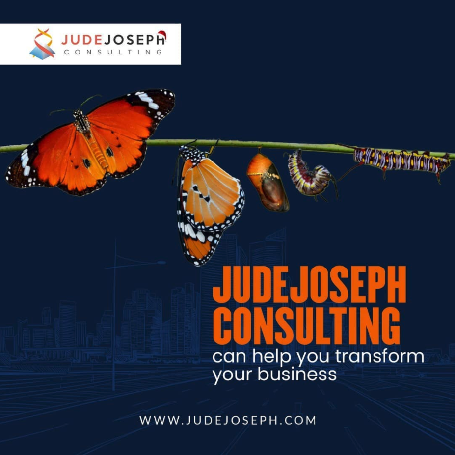 Image of the process of a caterpillar turning into a butterfly. dark blue overlay with a city backgroun. words on the image read Jude Joseph Consulting can help you transform your business. Jude Joseph website address at the bottom of the page.