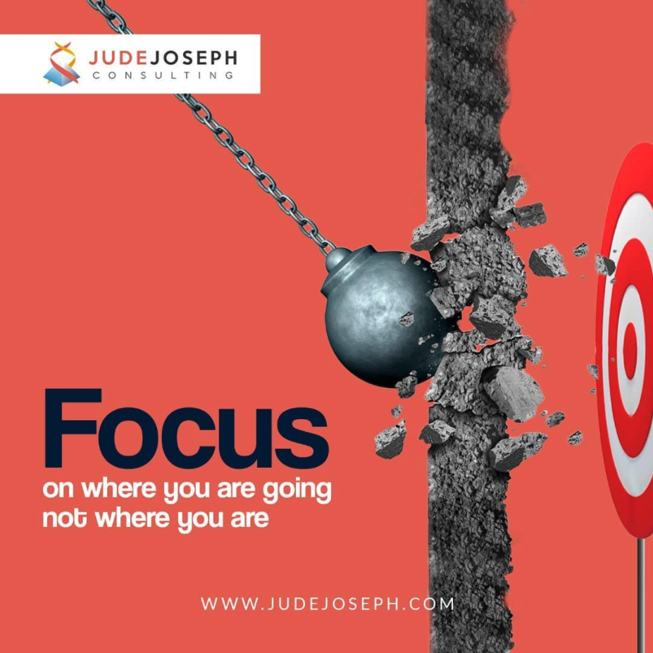 Image of a wrecking ball going into a wall with a target behind it. Text that reads Focus on where you going not where you are, with the JudeJoseph website address at the bottom of the page