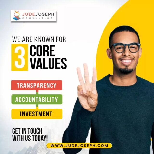 As a firm, our company value is our DNA and it differentiates us from every other brand.

In order to provide you with the right services, we are guided by three core values: 👇🏼

✔️ Transparency

✔️ Accountability

✔️ Investment

To get started with us on the best strategy, get in touch with us today!
.
.
.
.
.

#judejosephconsulting #consulting #consultantuk #managementconsultant #management #training #entrepreneur #strategy  #business #businessconsultant #businesstransformation #coaching #technology#leadership #consultant #businessgrowth #businessbookings